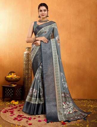Grey crepe silk digital printed saree with unstitched blouse