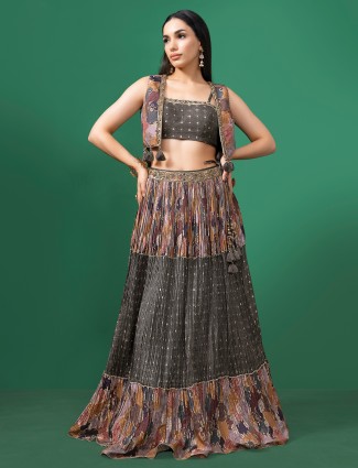 Grey printed silk jacket style premium lehenga choli