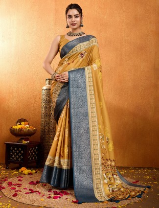 Indian yellow crepe silk digital printed saree for haldi ceremony