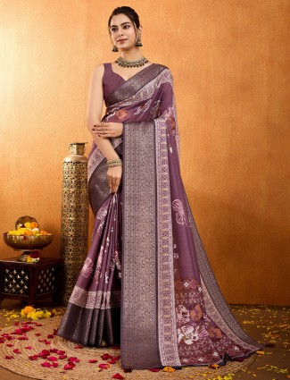 Lavender crepe silk saree in digital prints