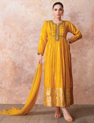 Mustard yellow silk designer suit for festive season