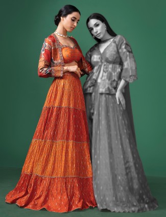 Orange silk jacket style wedding wear premium lehenga choli
