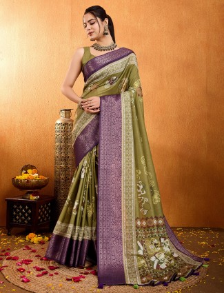 Pastel olive crepe silk saree in digital printed for festivals