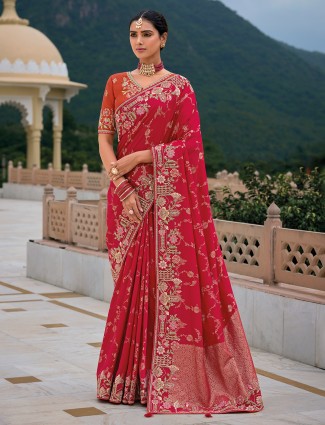 Pastel red silk zari weaving embroidered saree