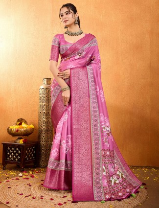 Pink crepe silk festive wear saree with zari work