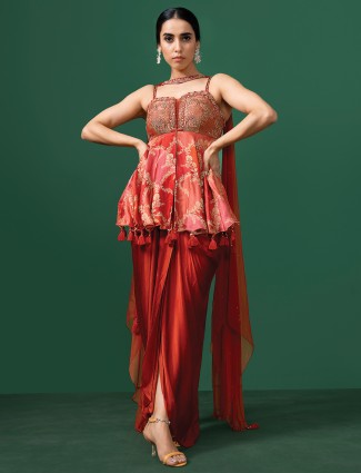 Red silk designer zari worked indowestern