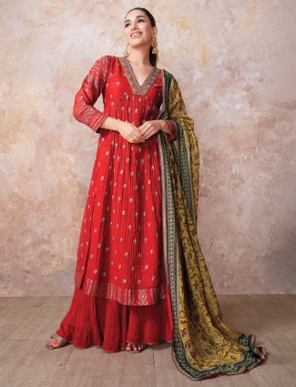 Red silk pakistani palazzo suit for wedding ceremony