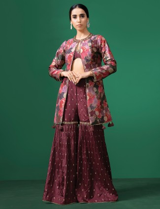 Dark grey bandhej pakistani silk palazzo suit
