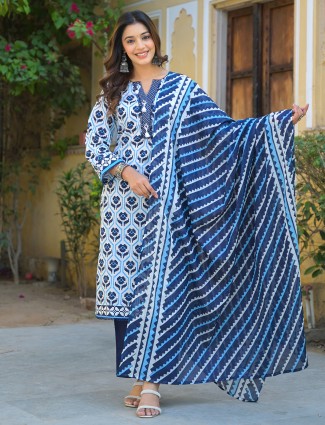 Blue and white cotton kurti set with dupatta