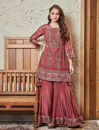 Brown palazzo kurti set for women satin silk