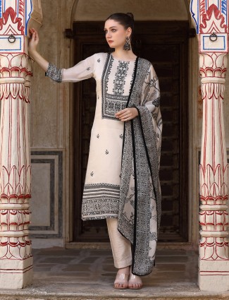 Cream printed silk kurti set for women