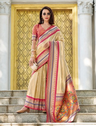 Cream tissue silk festive wear saree