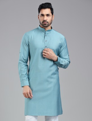 Classy firozi blue solid festive wear kurta for men