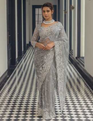 Grey sequins worked net saree