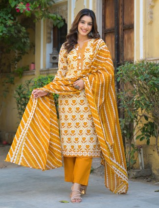 Cream cotton silk printed kurti palazzo set for festive