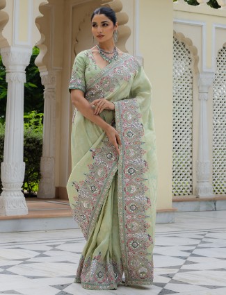 Pista green saree in premium silk for wedding