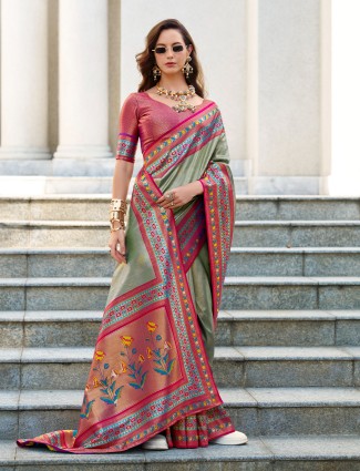 Pista green festive saree in tissue silk