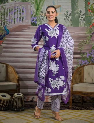 Purple printed silk kurti set for women