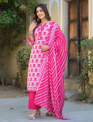 Rani color printed casual cotton kurti set
