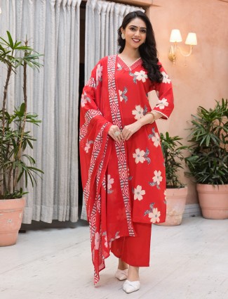 Red floral printed silk kurti set for women