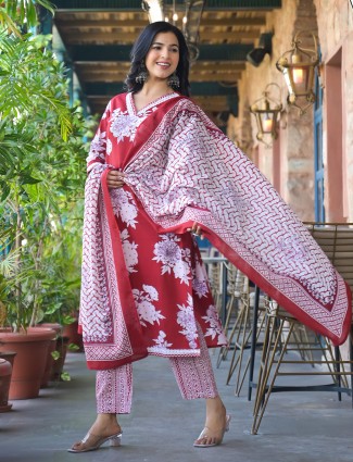 Red kurti set for women with dupatta