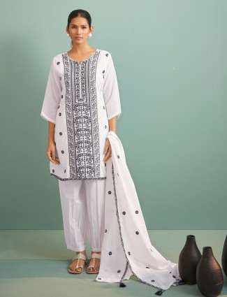 White casual cotton kurti set with dupatta