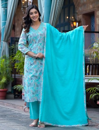 Aqua cotton silk printed kurti set