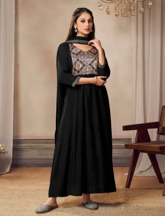 Black silk printed kurti set for festive