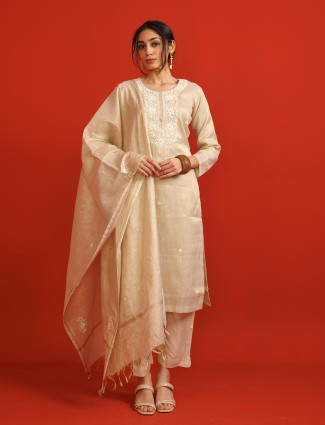 Cream festive cotton kurti set