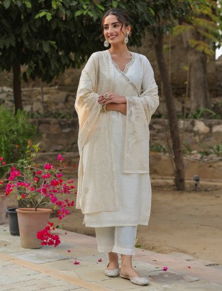 Cream cotton silk kurti set with dupatta