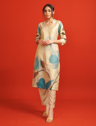 Cream silk printed kurti set for women