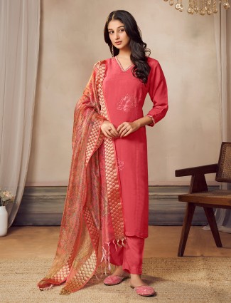 Deep peach silk kurti set for women