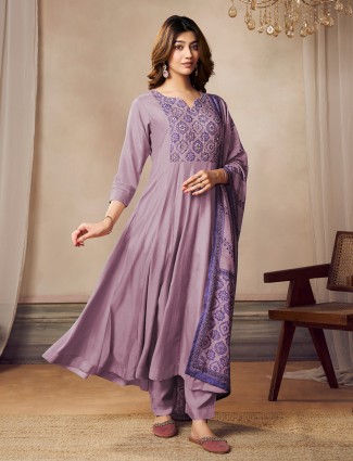 Lilac purple silk printed festive kurti set