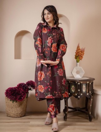 Maroon silk printed kurti set for women