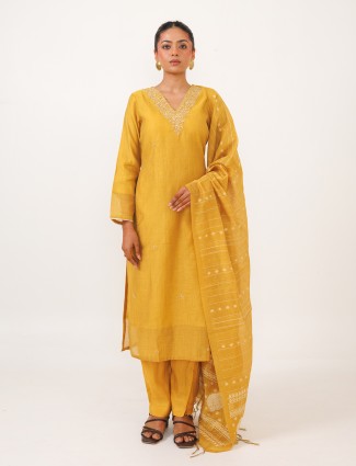 Mustard yellow cotton kurti set with dupatta for women