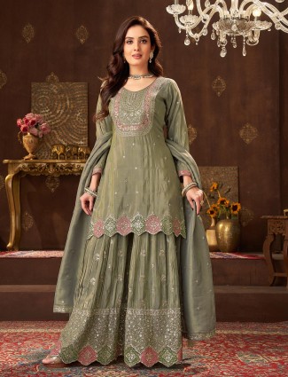 Beautiful pastel olive silk pakistani sharara suit