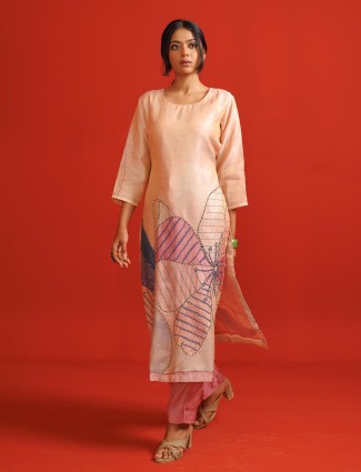 Peach silk kurti set with thraed weaving