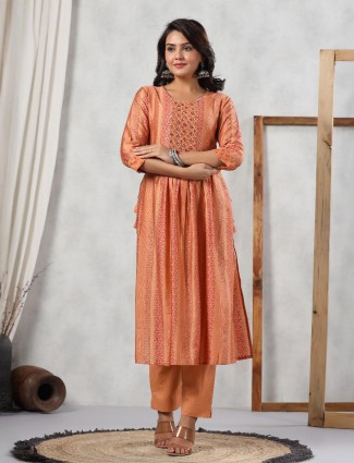 Peach silk casual kurti set for women