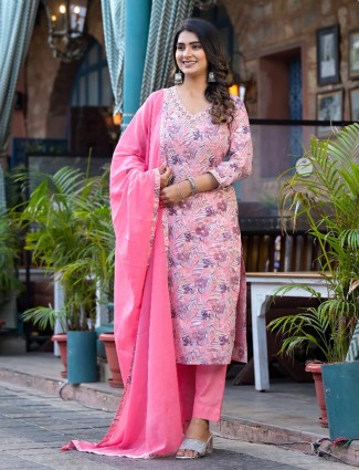 Pink cotton silk printed casual kurti set