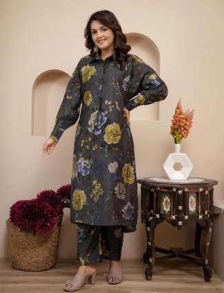 Charcoal grey printed casual silk kurti set
