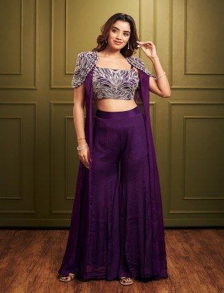 Wonderful purple designer palazzo suit in silk for women