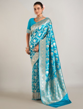 Beautiful aqua banarasi silk saree for wedding