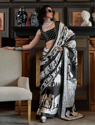 Pretty crepe black and white printed saree
