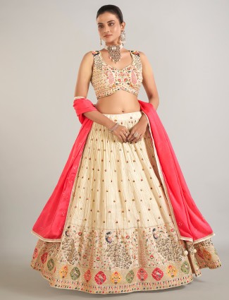 Beige wedding wear silk lahenga choli
