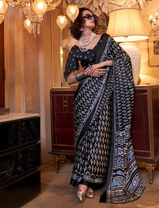 Black and blue patola printed crepe saree
