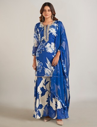 Blue crepe silk palazzo suit with dupatta
