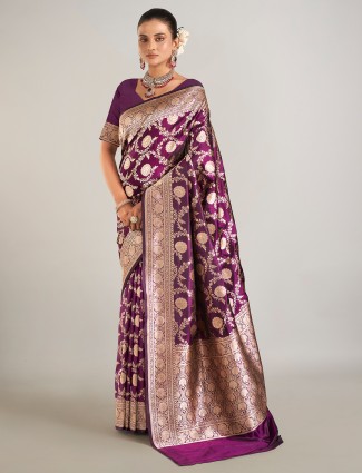 Stunning dark purple banarasi silk saree