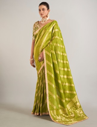 Mehendi green shimmer dola silk wedding wear saree
