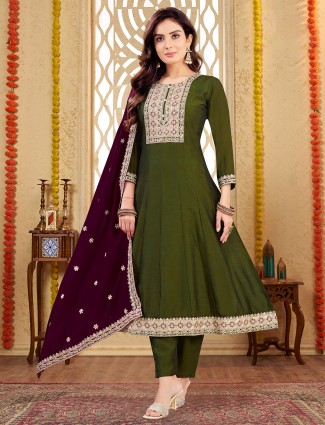 Latest mehendi green silk salwar suit for women