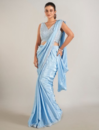 Mint blue satin redy to wear saree